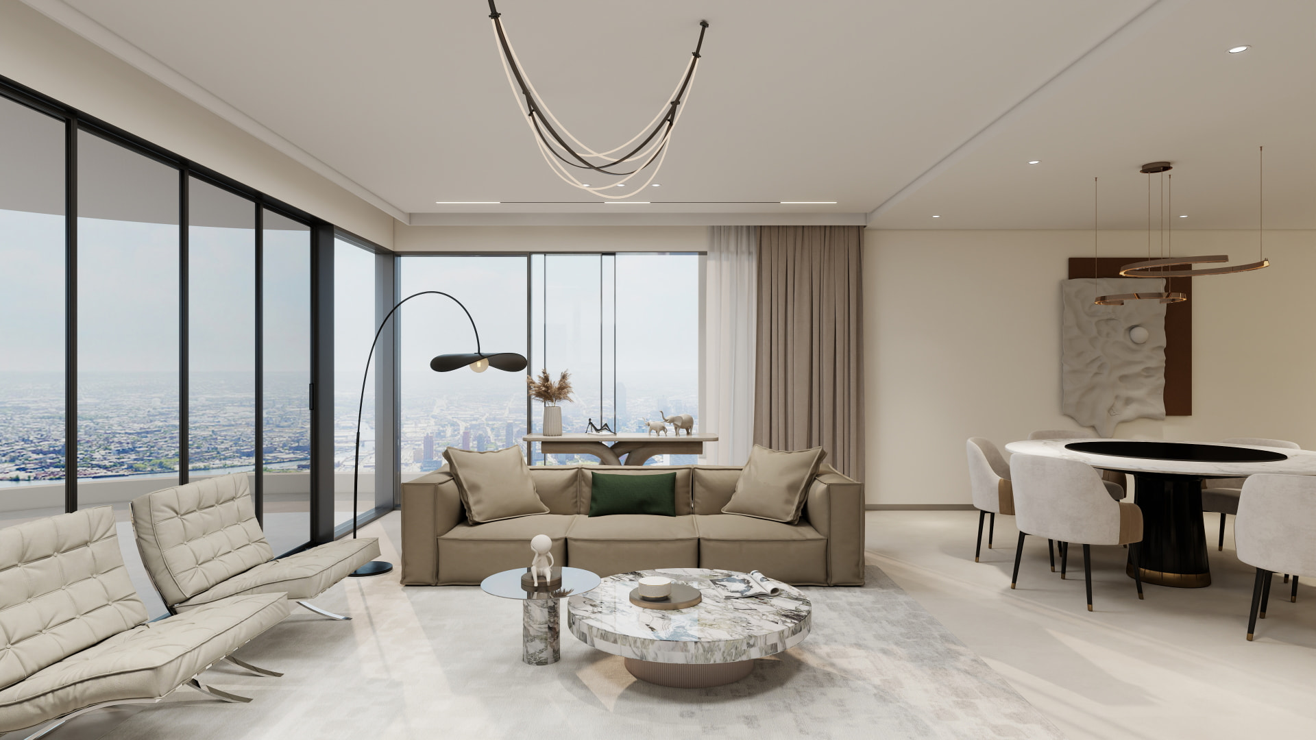 Open-plan living area flowing into the dining room