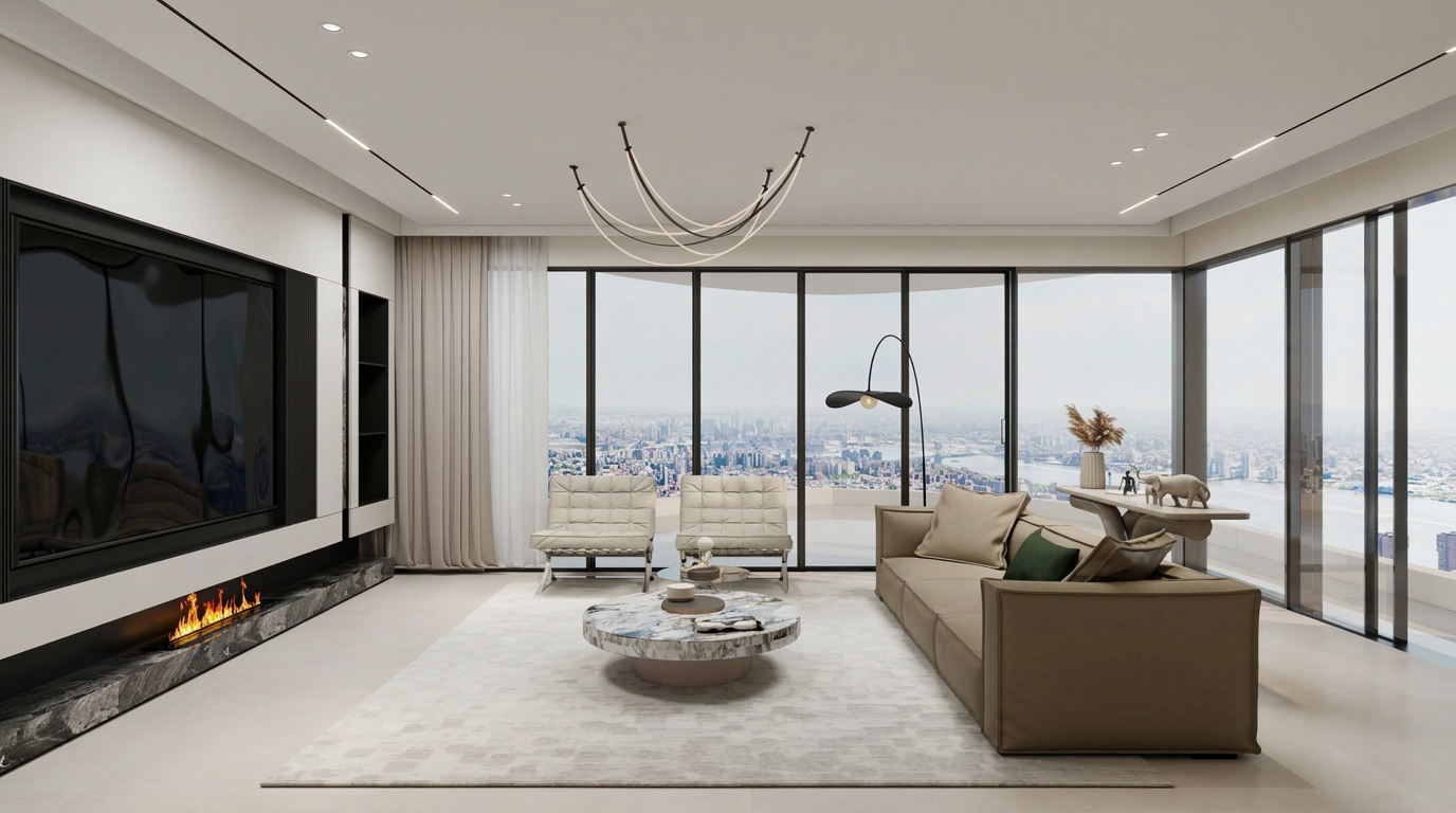 Sentosa Cove penthouse living room opening to a panoramic city skyline